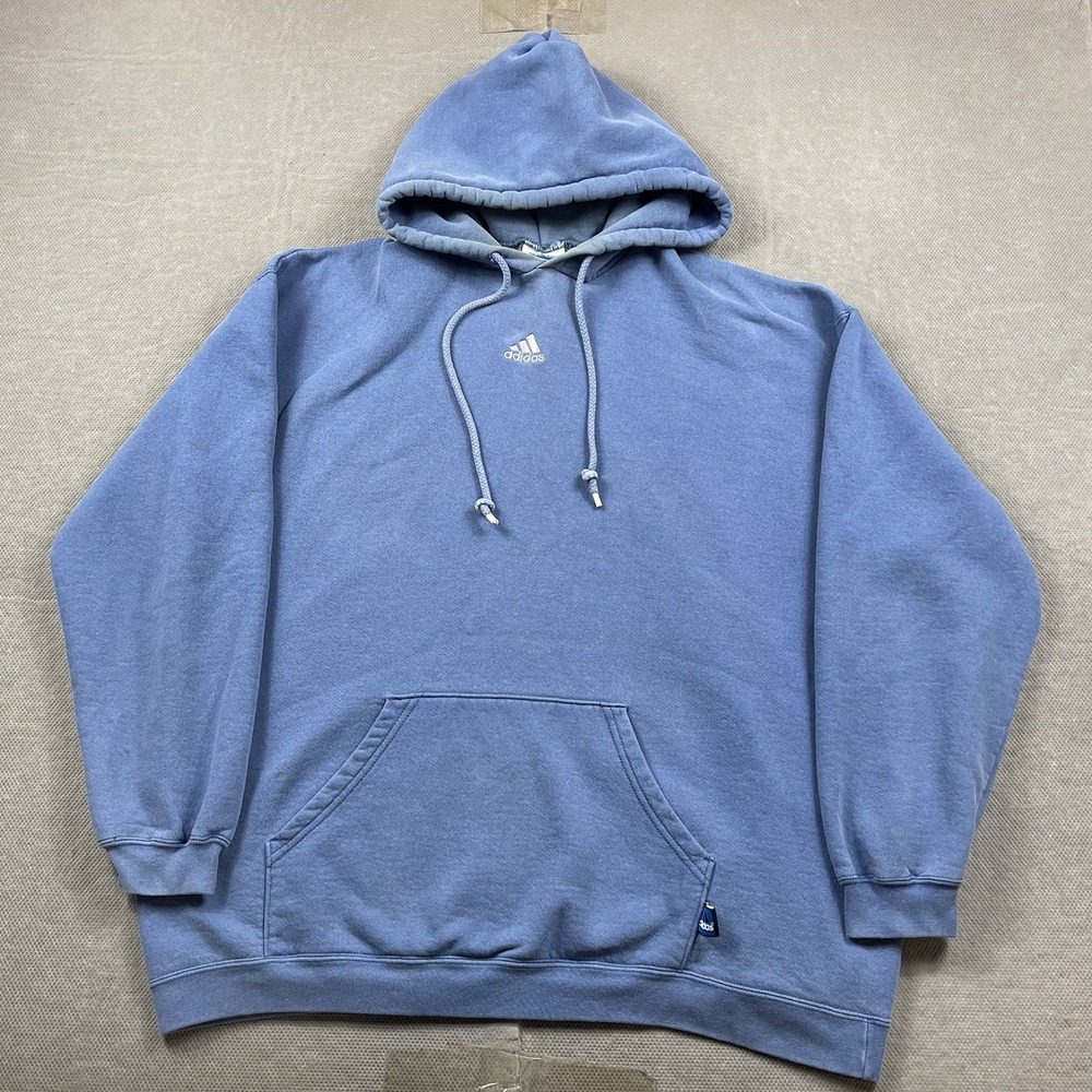 Vintage Adidas Sweatshirt Mens 2XL Blue Center Logo Pullover Hoodie USA Minimal‎